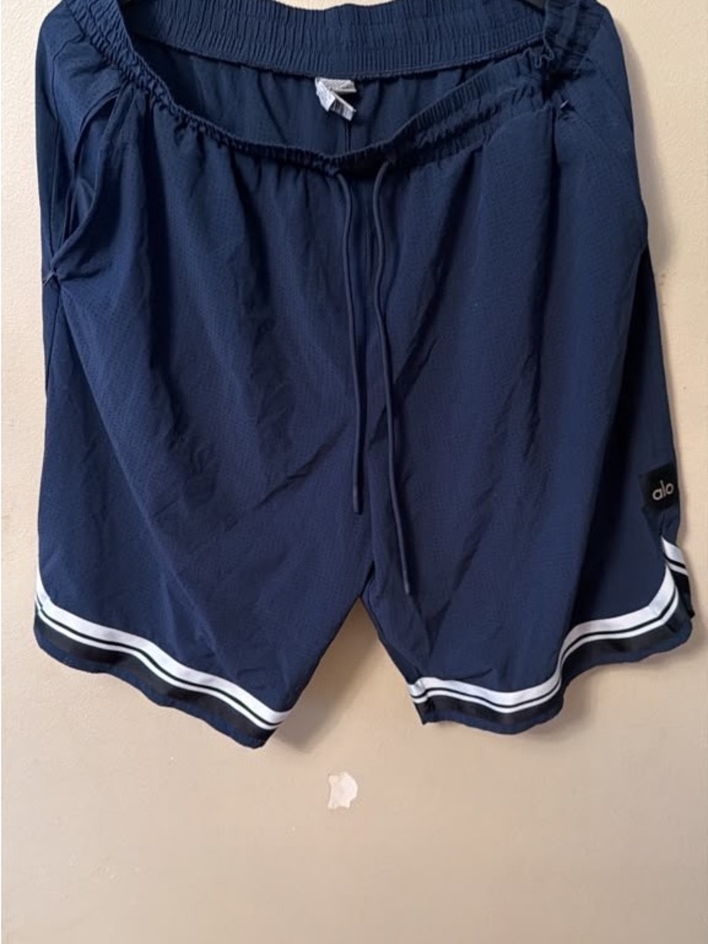 ALO Yoga Men’s Navy Athletic Shorts with White Stripe Hem